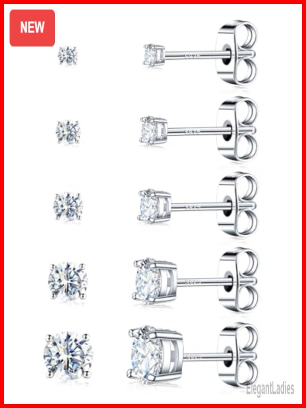 Moissanite Stud Earrings Set 5 Pairs Sterling Silver 18k White Gold Plated